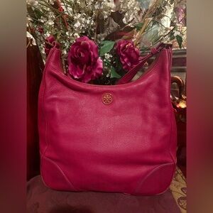 Tory Burch Vibrant Pink Leather Hobo Shoulder Bag Medium